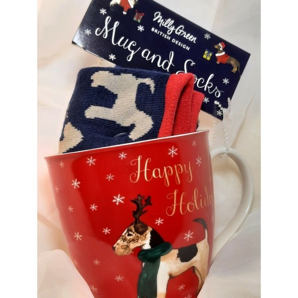 New Milly Green Christmas Dog Mug & Socks Set “Happy Holidogs" Wire Fox Terrier - Picture 7 of 8